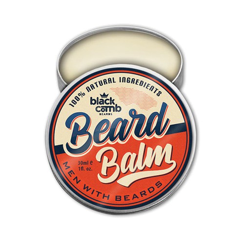 Tin design with the title 'Black Comb Beard Balm'