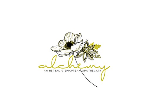 Gold brand with the title 'Create a contemporary logo for an herbal apothecary in Jackson Hole, WY.'