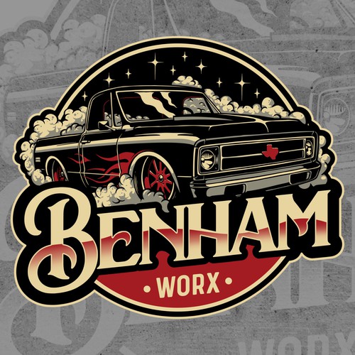 Hot rod design with the title 'Benham Work'