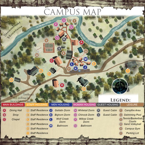 Legend design with the title 'Campus map update for small college campus in Montana wilderness'