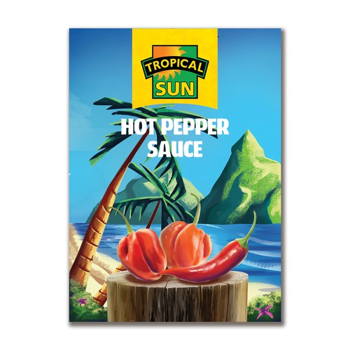 Tropical artwork with the title 'Scenery illustration for a sauce bottle'