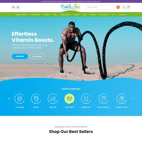 Mobile-first design with the title 'E Commerce website for topical vitamin patches'