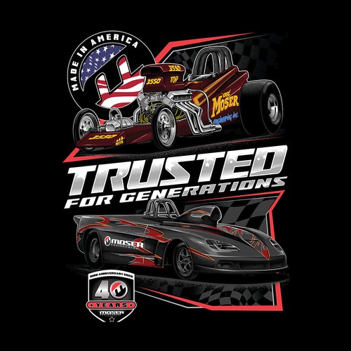 Race car design with the title 'shirt to celebrate 40 years in business'