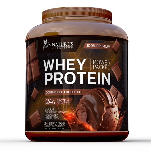 Chocolate label with the title 'Label design for chocolate Whey protein powder'