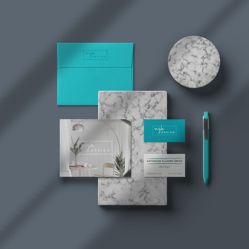 Teal design with the title 'Interior design logo and stationery'
