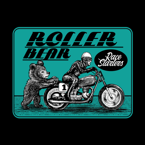 Biker design with the title 'Vintage Motorcycle Ad. design for Roller Bear Race Starters'