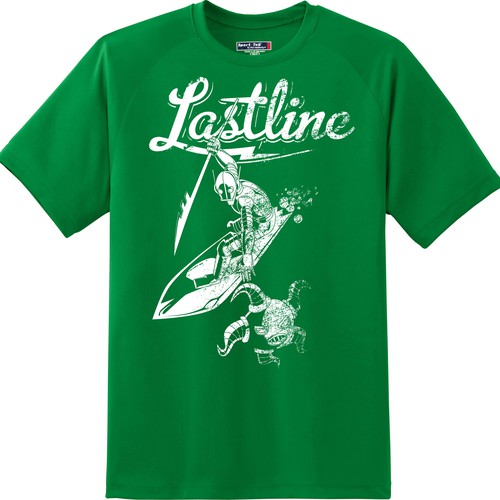 Computer t-shirt with the title ' Create a malware-killing retro robot surfing for Lastline!'