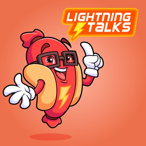 Seminar design with the title 'Lightning Talks Smiling Sausage Mascot'