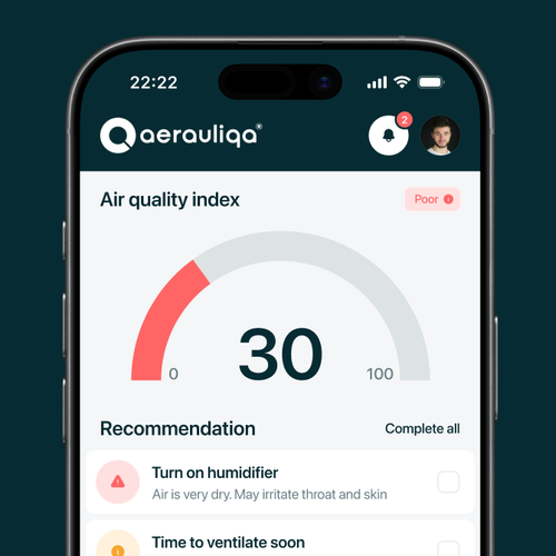 Product design with the title 'UI/UX Design for Aerauliqa App for IAQ monitor device '