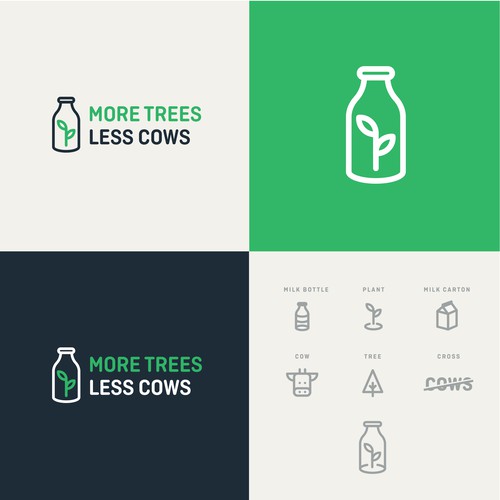 Milk design with the title 'Minimal logo for MORE TREES LESS COWS'