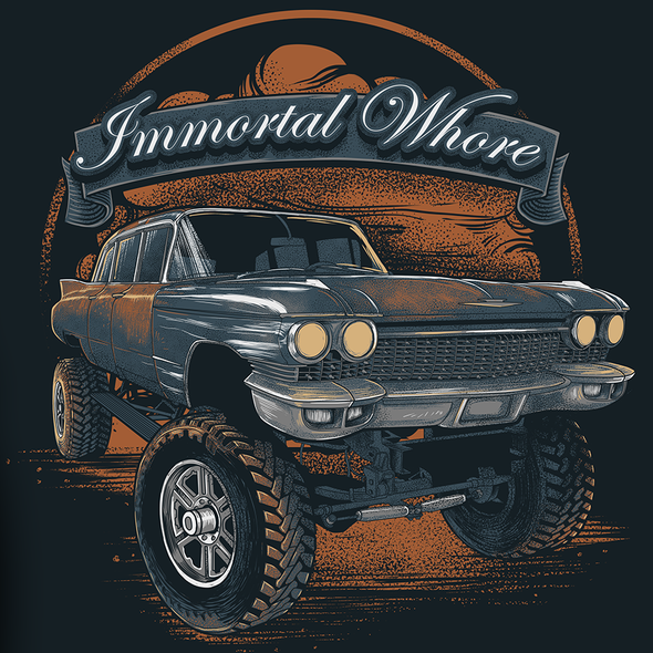 Vintage car design with the title 'immortal whore _entry'