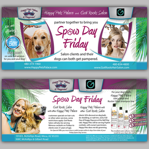 Beauty salon design with the title 'Promo flyer Happy Pets Palace and Got Roots Salon'