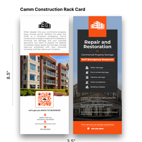 Rack card design with the title 'Camm Construction - Rack Card'