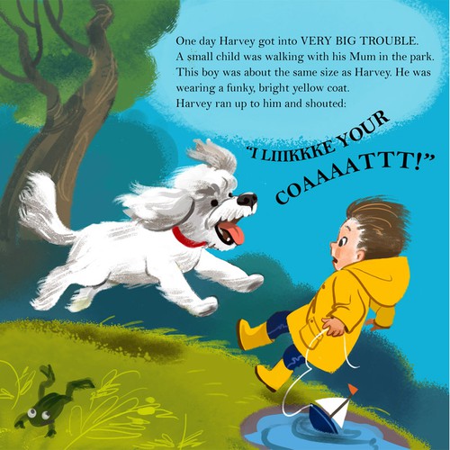 Dog illustration with the title 'Character design and sample illustration for a picture book'