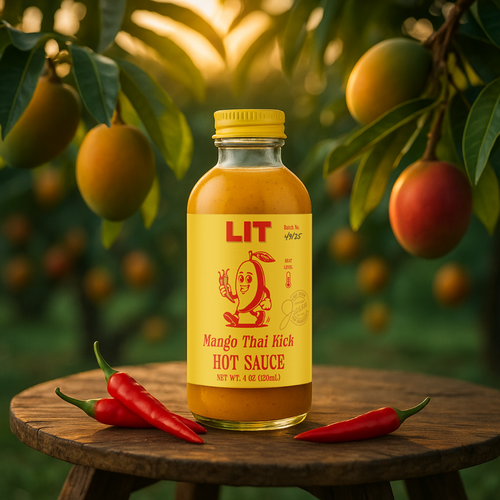 Hot sauce label with the title 'LIT Mango Thai Kick - Hot Sauce, USA'