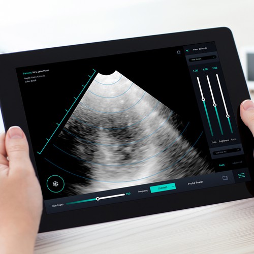 Tablet design with the title 'Teleosonic Ultrasound App UI UX Design for the Next Generation of Ultrasound Technology'