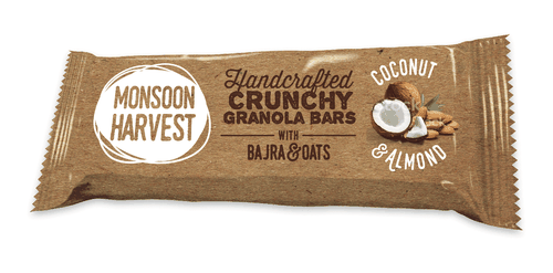 Coconut packaging with the title 'Monsoon Harvest Granola Bar Design'
