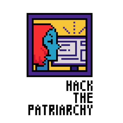 Pixel logo with the title ' Hack The Patriarchy hackathon'