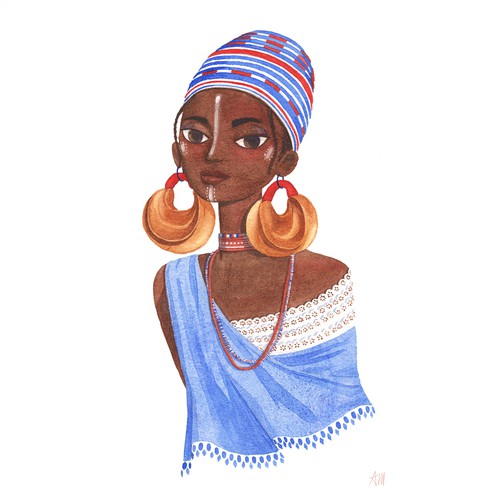 Watercolor artwork with the title 'Fulani Tribe Woman'