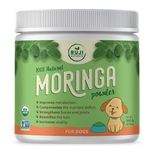 Fun packaging with the title 'Fun Label Design for Moringa Based Pet Supplement'