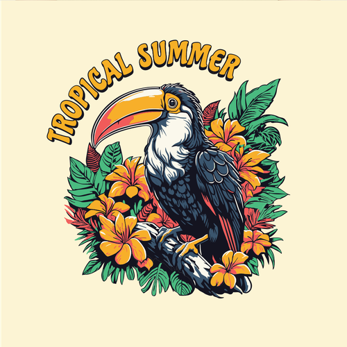 Tropical t-shirt with the title '"Toucan around Flowers" Tropical T-Shirt'