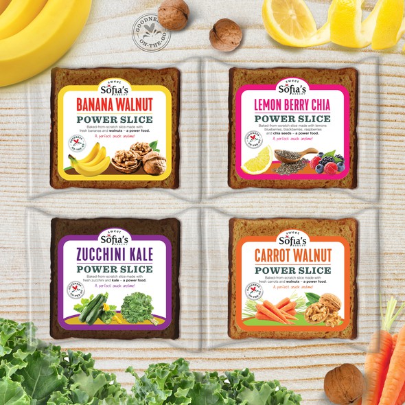 Colorful packaging with the title 'Packaging design (transparent wrappers) for 3 oz Power Slices '