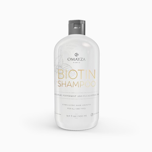 Shampoo packaging with the title 'Biotin Shampoo best mockup - a staple product'