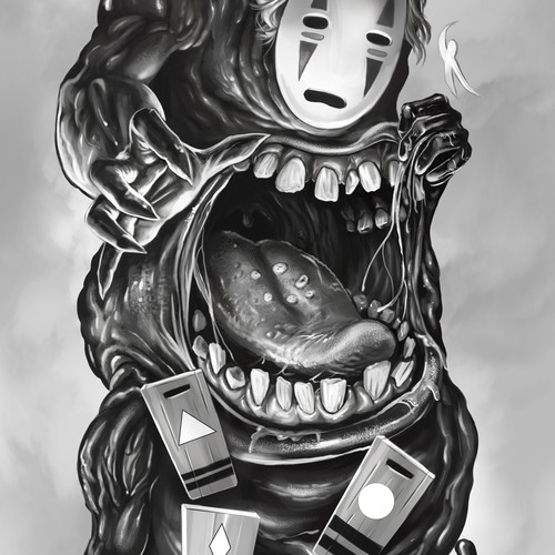 Creature design with the title 'No face black and grey tattoo design'