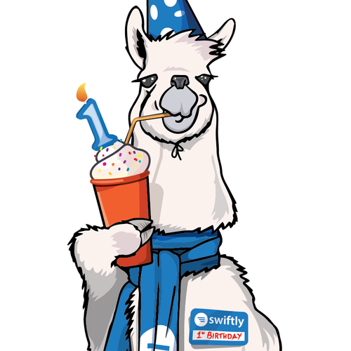 Birthday design with the title 'Create an awesome llama illustration for Swiftly's 1st birthday!'