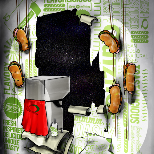Food artwork with the title 'Create a Superhero for Quiznos- Awarding 15 Winning Designs'