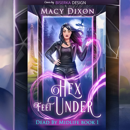 Urban fantasy book cover with the title 'Hex Feet Under Cover and Illustration by Biserka Design'