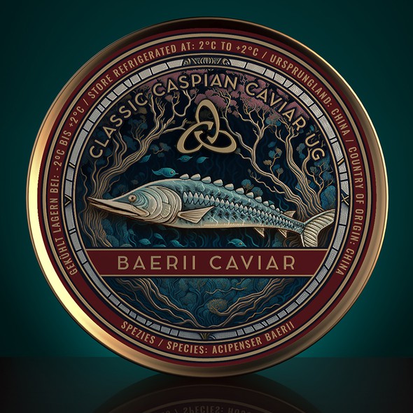 Line art packaging with the title 'Product line design, premium caviar, Classic Caspian Caviar UG'
