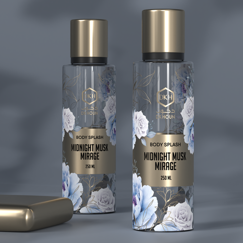 Body care packaging with the title 'DKHOUN – Midnight Musk Mirage Body Splash'