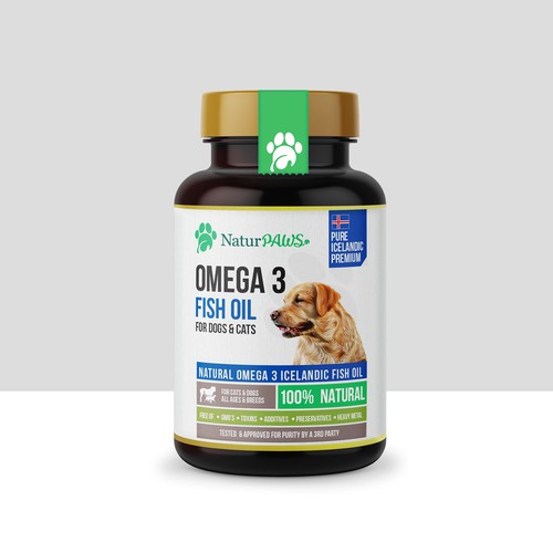 Supplement label with the title 'Natur PAWS Omega 3 Fish Oil'