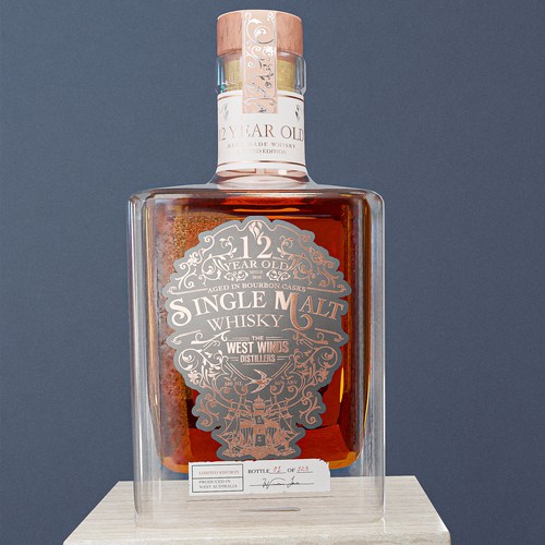 Whiskey label with the title '12 Year Old Whisky - Premium Label'