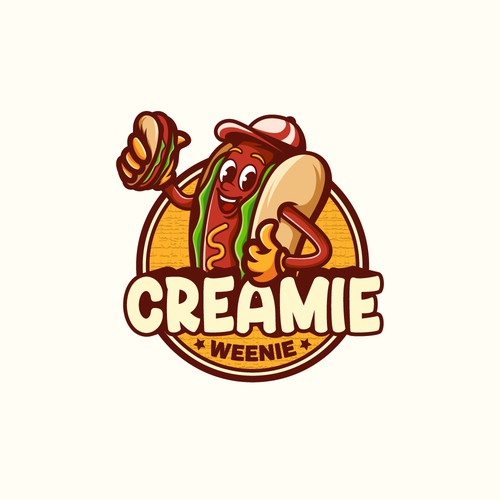 Hot dog logo with the title 'Cartoon hot dog mascot logo design for creamie weenie'