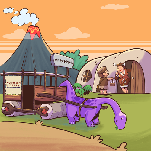 Stone design with the title 'Stone Age Milk Delivery'