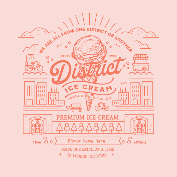 Pastel packaging with the title 'Packaging for District Ice Cream'