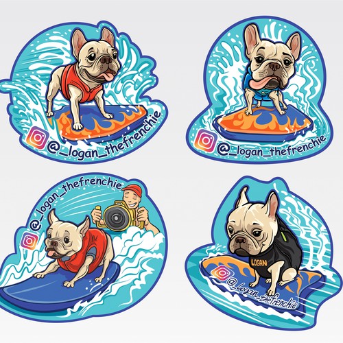 Surfboard design with the title 'Logan the frenchie illustration stickers.'