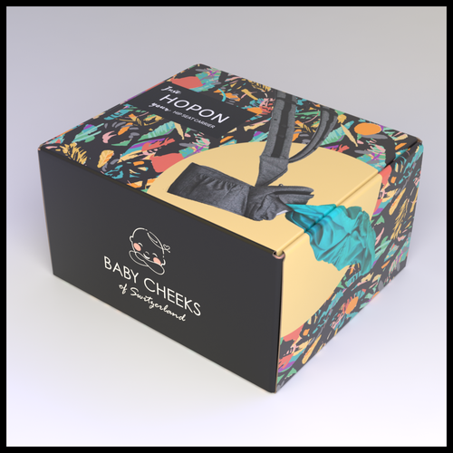 Playful packaging with the title 'Box for baby carrier'
