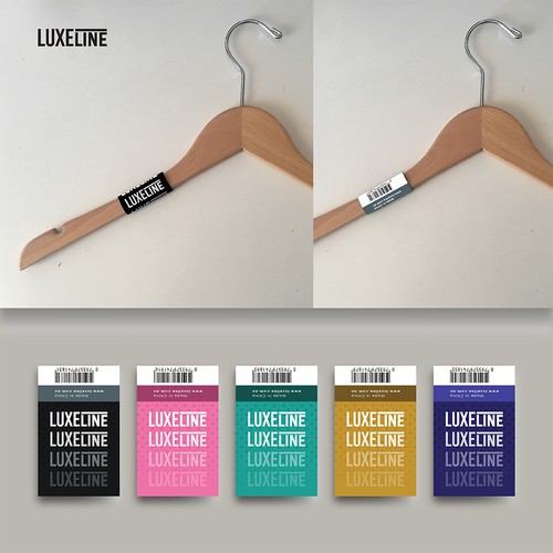 Clothing packaging with the title 'LOGO & NECK TAG LUXELINE'