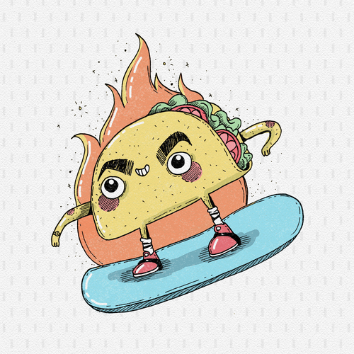 Taco design with the title 'Taco on a snowboard'