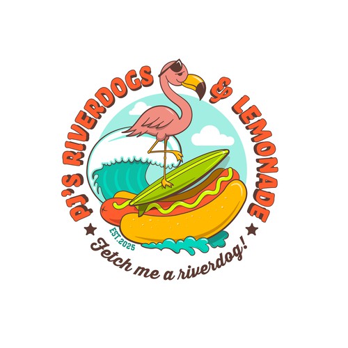 Flamingo design with the title 'Playful Flamingo Mascot Logo for Hot Dog & Lemonade Brand'