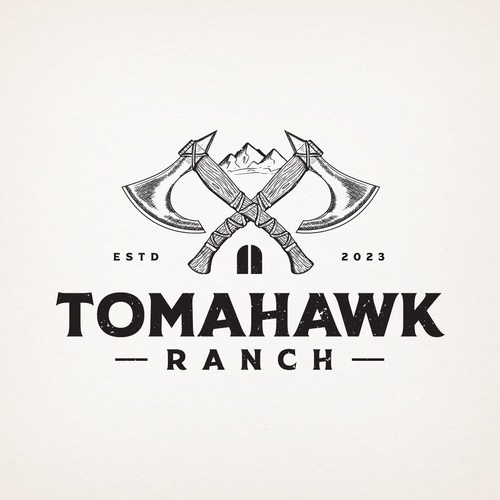 Axe design with the title 'Vintage logo design for Tomahawk Ranch'