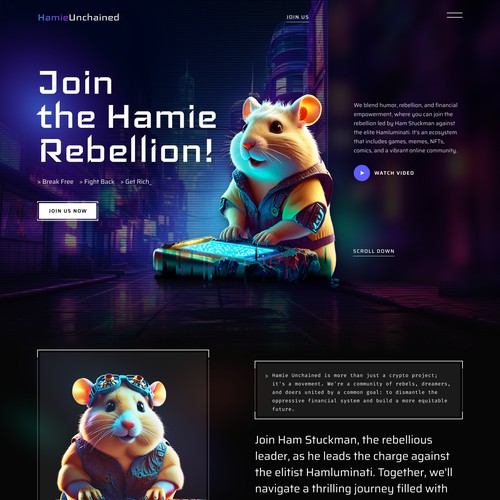 Futuristic website with the title ' Hamie Unchained Website'