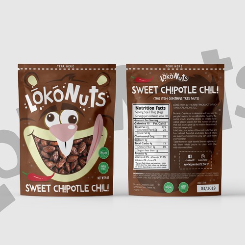 Pouch packaging with the title 'LokoNuts Packaging Design'