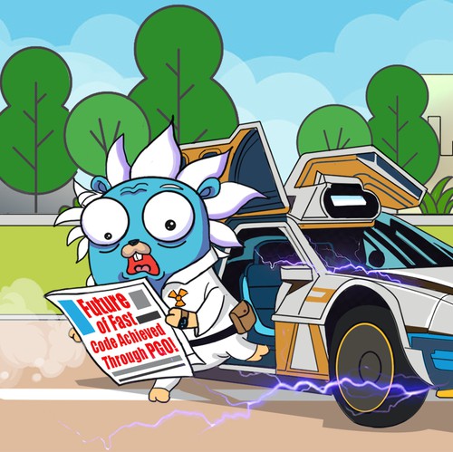 Cartoonish artwork with the title '"Go Gopher's Time-Traveling Adventure: PGO Unleashes the Future of Fast Code! '