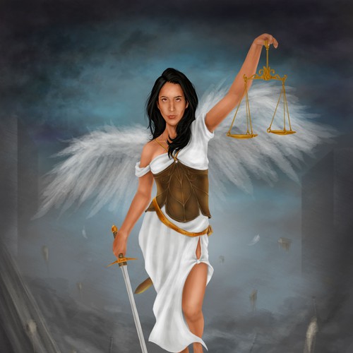 Digital art illustration with the title 'Illustration of Lady Justice'