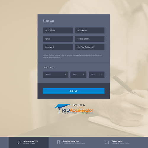 Interface design with the title 'Sign Up page'