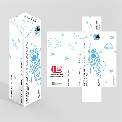Vector packaging with the title '"Cosmic" Cannabis Distillate Cartridge Box Art/Design'